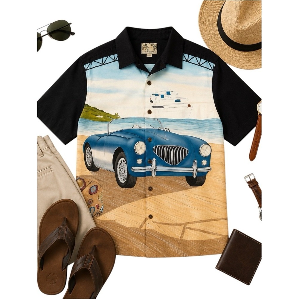 Tori Richard Classic Car Print Hawaiian Camp Shirt XL Made USA Resort Wear Top